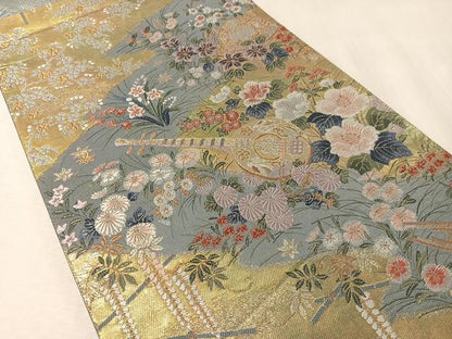 平和屋着物●六通柄袋帯　唐織　楽器花文　九百織　金糸　引箔　正絹　逸品　CABM2942vp