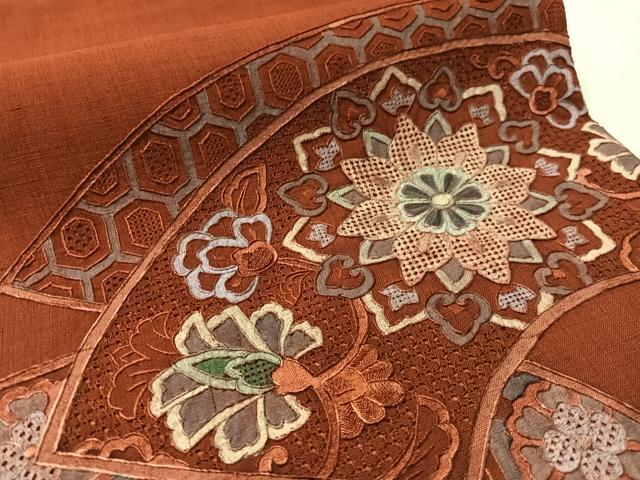平和屋着物●中国三大刺繍　スワトウ相良刺繍　総刺繍　太鼓柄袋帯　紬地　地紙更紗文　正絹　逸品　CABM2945vp
