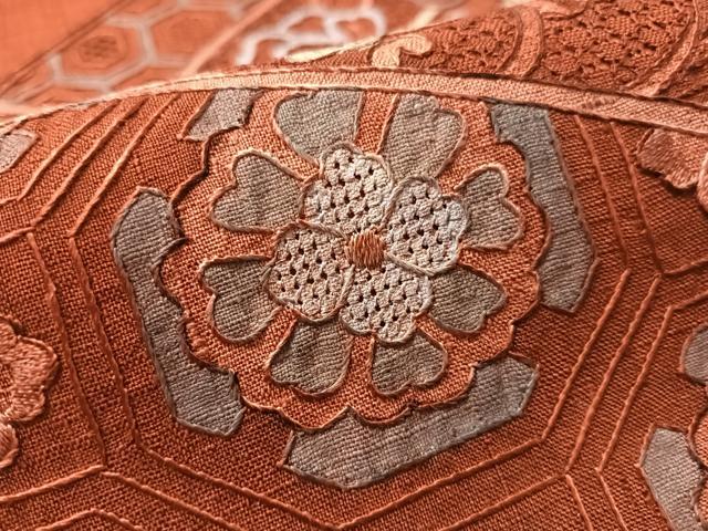 平和屋着物●中国三大刺繍　スワトウ相良刺繍　総刺繍　太鼓柄袋帯　紬地　地紙更紗文　正絹　逸品　CABM2945vp