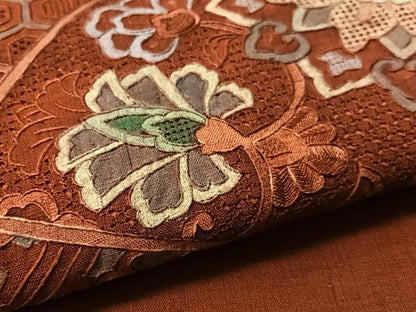 平和屋着物●中国三大刺繍　スワトウ相良刺繍　総刺繍　太鼓柄袋帯　紬地　地紙更紗文　正絹　逸品　CABM2945vp