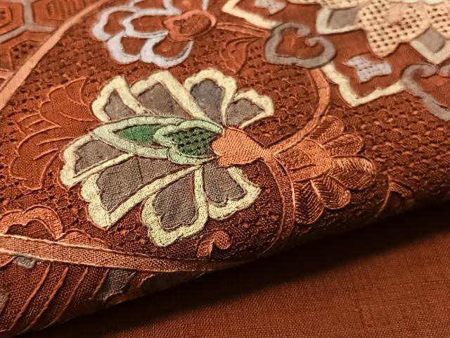 平和屋着物●中国三大刺繍　スワトウ相良刺繍　総刺繍　太鼓柄袋帯　紬地　地紙更紗文　正絹　逸品　CABM2945vp
