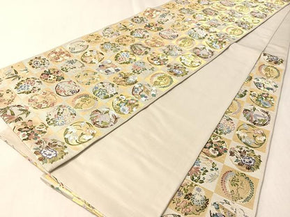 平和屋着物●西陣の老舗　1782年創業　山下織物　六通柄袋帯　唐織　市松取式花の丸　金糸　正絹　逸品　CABM2947vp