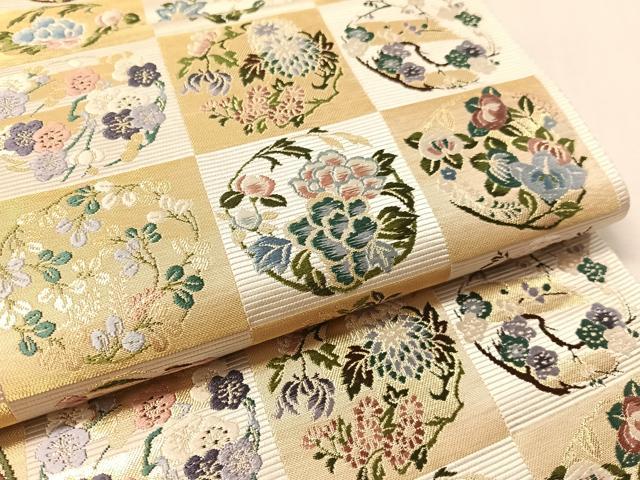 平和屋着物●西陣の老舗　1782年創業　山下織物　六通柄袋帯　唐織　市松取式花の丸　金糸　正絹　逸品　CABM2947vp