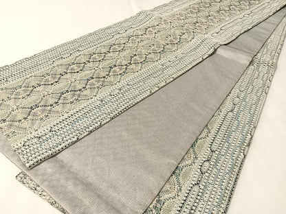 平和屋着物●全通柄袋帯　リボン織　間道　銀糸　正絹　逸品　CABM2951vp