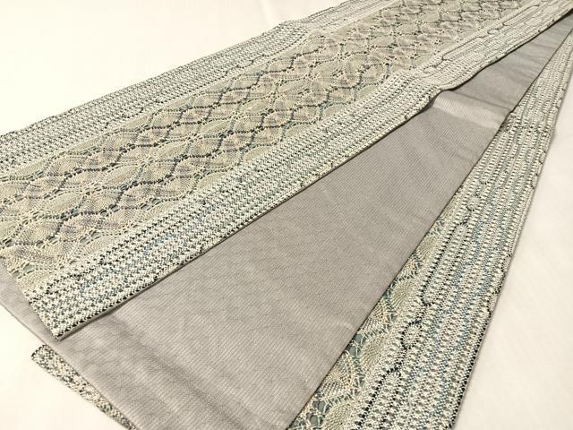 平和屋着物●全通柄袋帯　リボン織　間道　銀糸　正絹　逸品　CABM2951vp