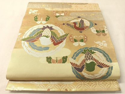平和屋着物●西陣　太鼓柄　本袋帯　花鳥蝶丸文　金糸　正絹　逸品　CABM2952vp