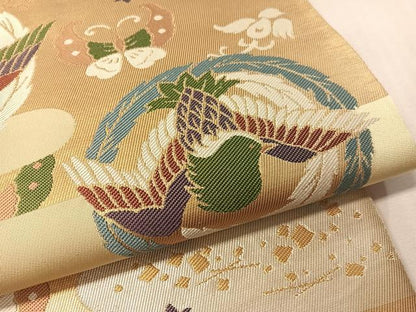 平和屋着物●西陣　太鼓柄　本袋帯　花鳥蝶丸文　金糸　正絹　逸品　CABM2952vp
