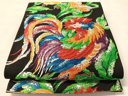 平和屋着物●六通柄袋帯　鶏花文　黒地　金銀糸　正絹　逸品　CABM2953vp