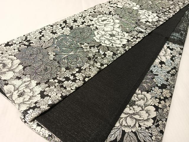 平和屋着物●六通柄袋帯　牡丹　黒地　銀糸　正絹　逸品　CABM2955vp