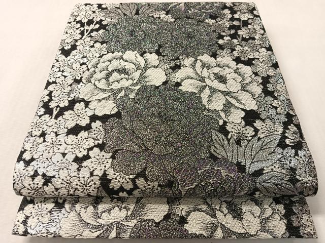 平和屋着物●六通柄袋帯　牡丹　黒地　銀糸　正絹　逸品　CABM2955vp