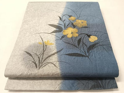平和屋着物●両面　全通柄袋帯　本場縞大島紬地　手描き　絞り　刺繍　草花文　金彩　正絹　逸品　CABM2956vp
