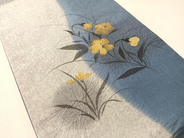 平和屋着物●両面　全通柄袋帯　本場縞大島紬地　手描き　絞り　刺繍　草花文　金彩　正絹　逸品　CABM2956vp