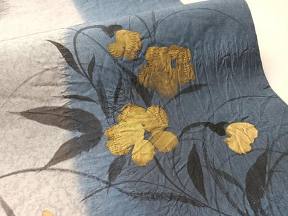 平和屋着物●両面　全通柄袋帯　本場縞大島紬地　手描き　絞り　刺繍　草花文　金彩　正絹　逸品　CABM2956vp