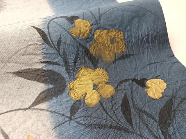 平和屋着物●両面　全通柄袋帯　本場縞大島紬地　手描き　絞り　刺繍　草花文　金彩　正絹　逸品　CABM2956vp