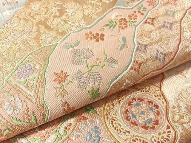 平和屋着物●西陣　服部織物謹製　六通柄袋帯　唐織　道長更紗花鳥蝶文　金銀糸　正絹　逸品　未使用　CABM2973vp