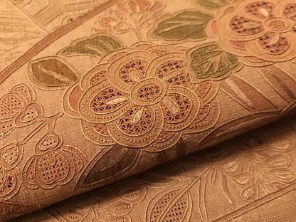 平和屋着物●中国三大刺繍　スワトウ相良刺繍　総刺繍　太鼓柄袋帯　地紙藤花文　金彩　正絹　逸品　CABM2976vp