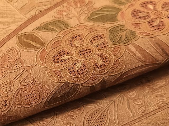 平和屋着物●中国三大刺繍　スワトウ相良刺繍　総刺繍　太鼓柄袋帯　地紙藤花文　金彩　正絹　逸品　CABM2976vp