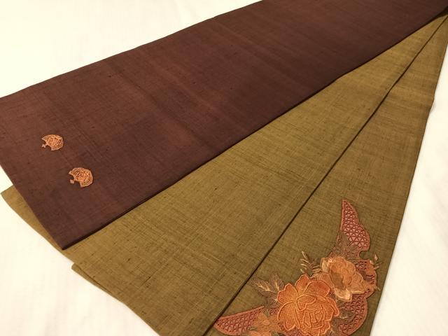 平和屋着物●中国三大刺繍　スワトウ相良刺繍　総刺繍　太鼓柄袋帯　紬地　バラ　正絹　逸品　CABM2977vp