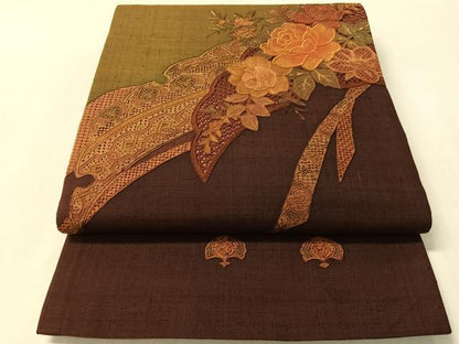 平和屋着物●中国三大刺繍　スワトウ相良刺繍　総刺繍　太鼓柄袋帯　紬地　バラ　正絹　逸品　CABM2977vp