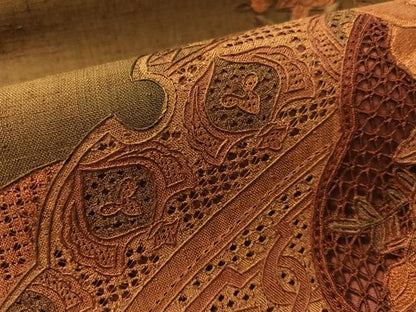 平和屋着物●中国三大刺繍　スワトウ相良刺繍　総刺繍　太鼓柄袋帯　紬地　バラ　正絹　逸品　CABM2977vp