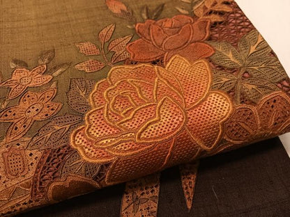 平和屋着物●中国三大刺繍　スワトウ相良刺繍　総刺繍　太鼓柄袋帯　紬地　バラ　正絹　逸品　CABM2977vp