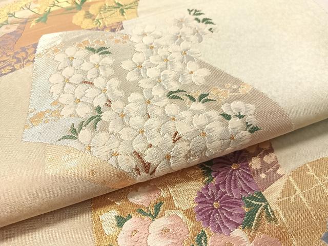平和屋着物●西陣　京の名門　じゅらく謹製　帝王紫　六通柄袋帯　唐織　地紙花文　金糸　正絹　逸品　CABM2986vp