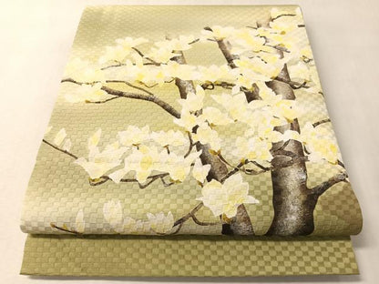 平和屋着物●両面　太鼓柄袋帯　手描き　木蓮　銀通し地　正絹　逸品　CABM2988vp
