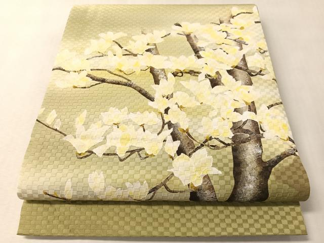 平和屋着物●両面　太鼓柄袋帯　手描き　木蓮　銀通し地　正絹　逸品　CABM2988vp