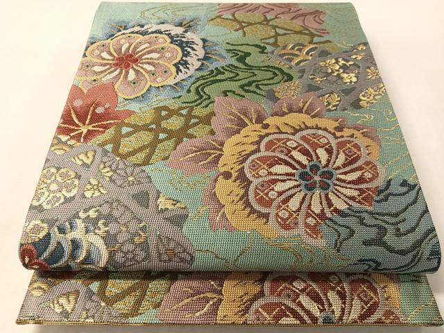 平和屋着物●六通柄袋帯　流水花文　金糸　正絹　逸品　CABM2993vp