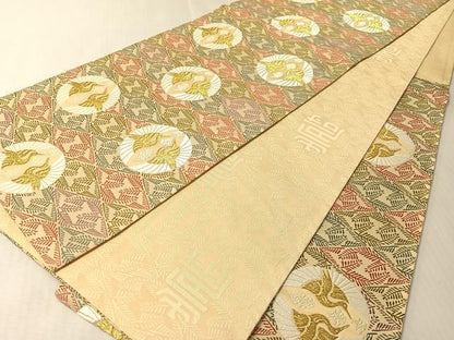 平和屋着物●六通柄袋帯　唐織　松菱に鶴の丸文様　金糸　正絹　逸品　CABM3000vp