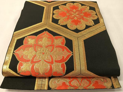平和屋着物●西陣　川島織物　六通柄　本袋帯　亀甲花文　黒地　金糸　正絹　逸品　CABM3058vp