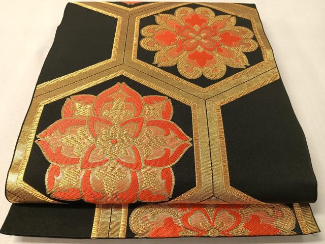 平和屋着物●西陣　川島織物　六通柄　本袋帯　亀甲花文　黒地　金糸　正絹　逸品　CABM3058vp