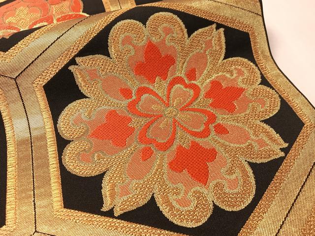 平和屋着物●西陣　川島織物　六通柄　本袋帯　亀甲花文　黒地　金糸　正絹　逸品　CABM3058vp