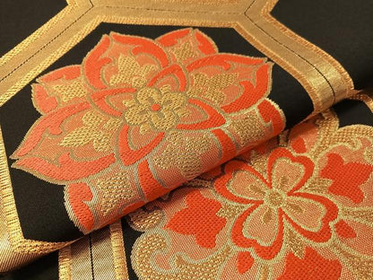 平和屋着物●西陣　川島織物　六通柄　本袋帯　亀甲花文　黒地　金糸　正絹　逸品　CABM3058vp