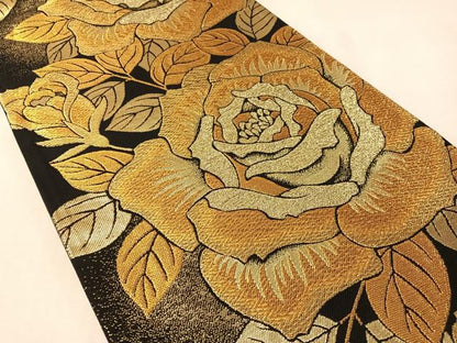 平和屋着物●六通柄袋帯　バラ　黒地　金糸　正絹　逸品　CABM3064vp
