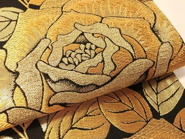 平和屋着物●六通柄袋帯　バラ　黒地　金糸　正絹　逸品　CABM3064vp