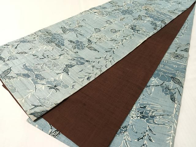平和屋着物●全通柄　京袋帯　紬地　型染め　枝垂れ花鳥文　正絹　逸品　CABM3069vp