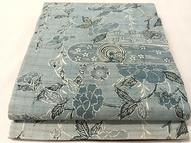 平和屋着物●全通柄　京袋帯　紬地　型染め　枝垂れ花鳥文　正絹　逸品　CABM3069vp