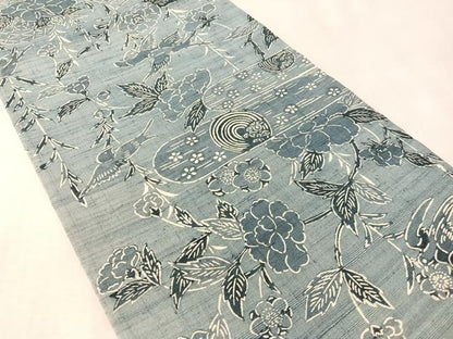 平和屋着物●全通柄　京袋帯　紬地　型染め　枝垂れ花鳥文　正絹　逸品　CABM3069vp
