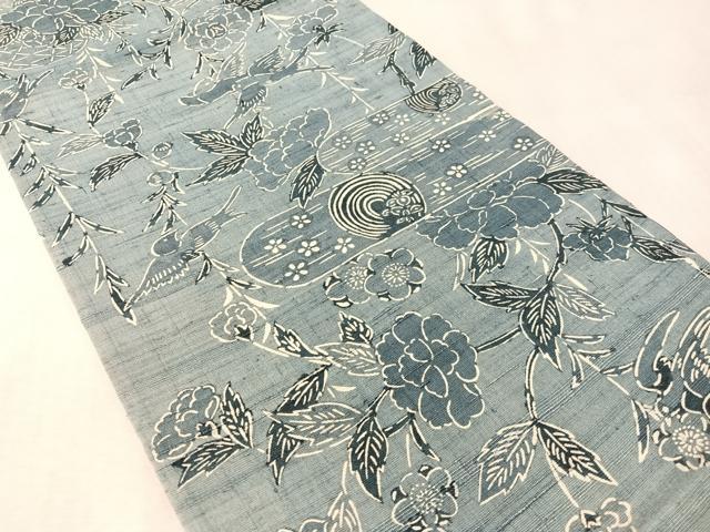 平和屋着物●全通柄　京袋帯　紬地　型染め　枝垂れ花鳥文　正絹　逸品　CABM3069vp