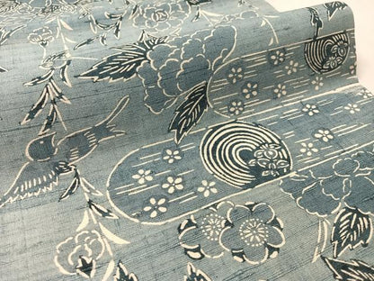 平和屋着物●全通柄　京袋帯　紬地　型染め　枝垂れ花鳥文　正絹　逸品　CABM3069vp