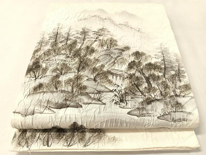 平和屋着物●六通柄袋帯　手描き　ふくれ織　風景文　正絹　逸品　CABM3070vp