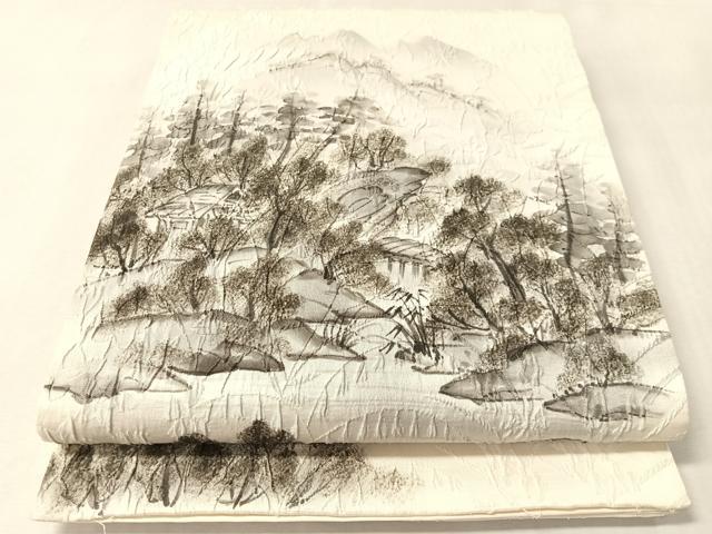 平和屋着物●六通柄袋帯　手描き　ふくれ織　風景文　正絹　逸品　CABM3070vp