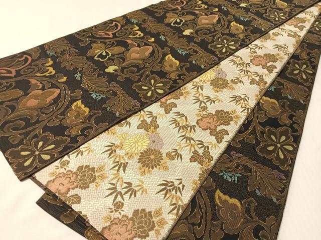 平和屋着物●両面　全通柄　本袋帯　花唐草文　黒地　正絹　逸品　CABM3087vp