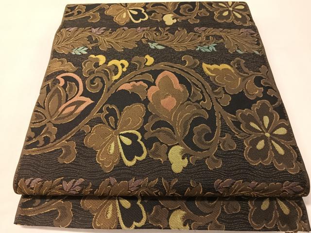 平和屋着物●両面　全通柄　本袋帯　花唐草文　黒地　正絹　逸品　CABM3087vp