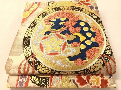 平和屋着物●アンティーク　大正ロマン　丸帯　狛犬　雲龍　金銀糸　正絹　逸品　CABM3104vp