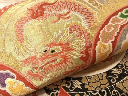 平和屋着物●アンティーク　大正ロマン　丸帯　狛犬　雲龍　金銀糸　正絹　逸品　CABM3104vp