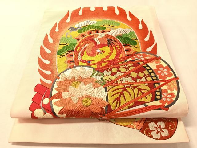 平和屋着物●爪掻き本綴れ　丸帯　総刺繍　駒刺繍　花鼓鳳凰文　金銀糸　正絹　逸品　CABM3105vp