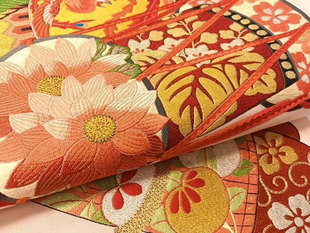 平和屋着物●爪掻き本綴れ　丸帯　総刺繍　駒刺繍　花鼓鳳凰文　金銀糸　正絹　逸品　CABM3105vp