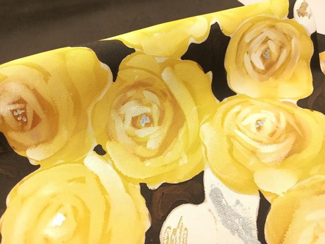 平和屋着物●塩瀬　九寸名古屋帯　ろうけつ染　バラ　黒地　金銀彩　正絹　逸品　CABM3126vp